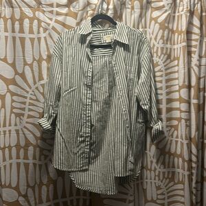 Maeve White and Green Striped Button-Down Shirt